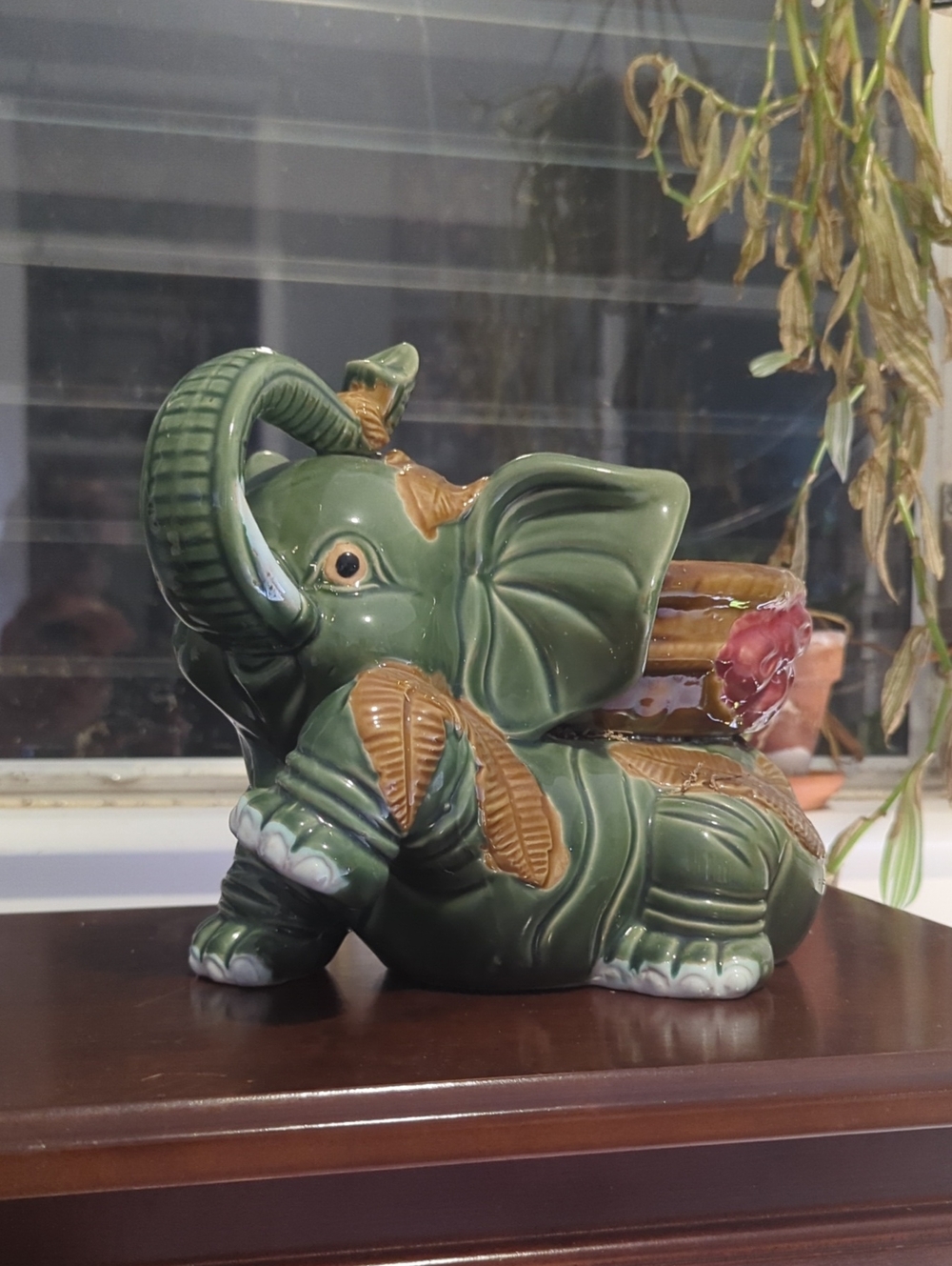 Vintage Lucky Elephant Planter Jade Green Color Carrying A Basket